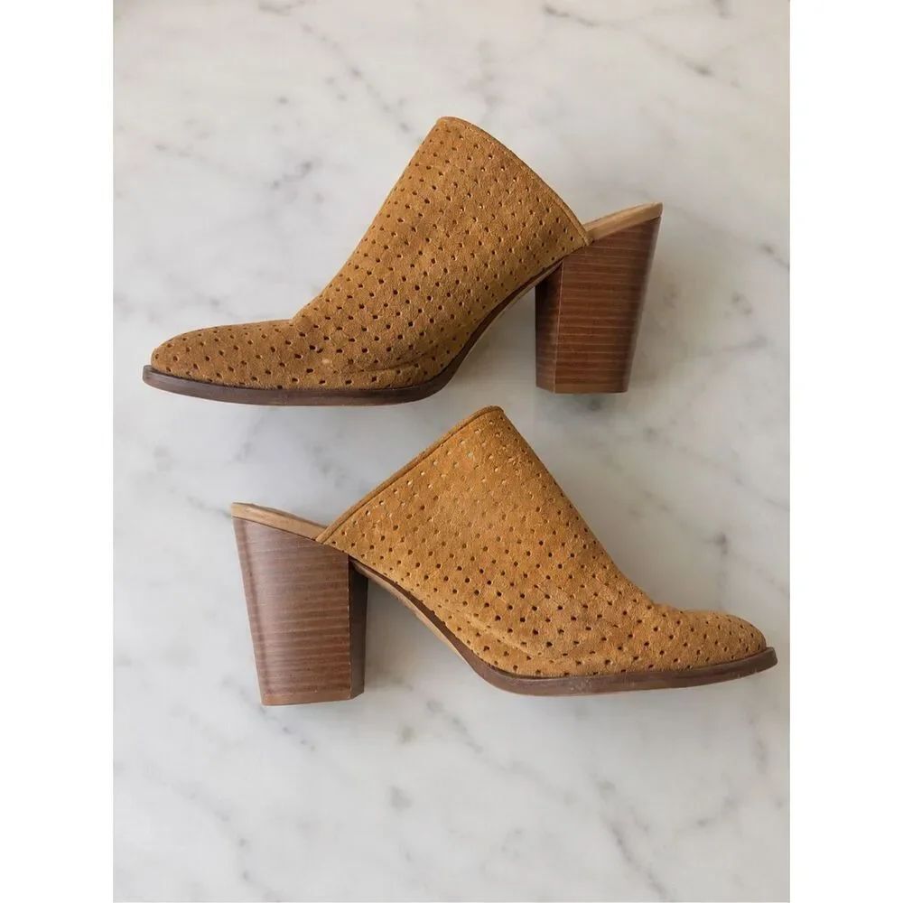 Sam Edelman Sz 10 Bates Mule Perforated Suede Block Heel Tan